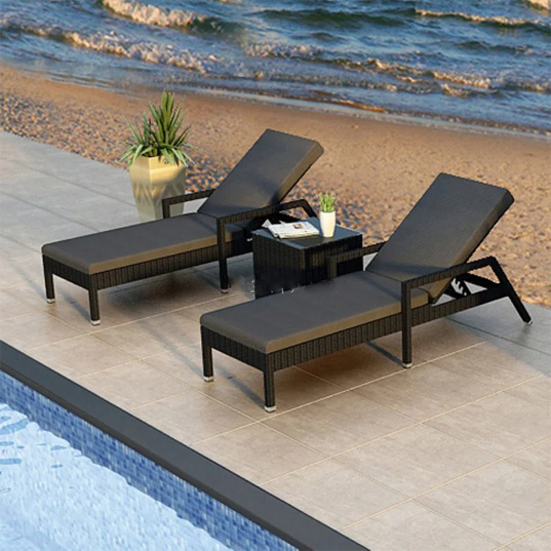 Outdoor balcony lounge rattan outdoor patio swimming pool reclining bed rattan woven beach chair sun loungers