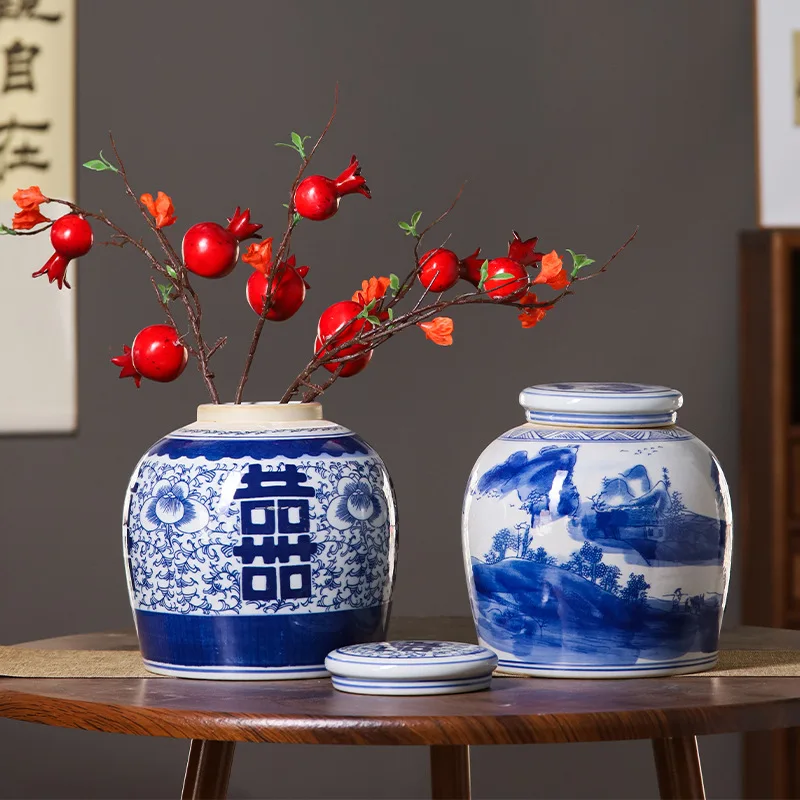 Jingdezhen Blue White Happy Word Vase Porcelain Chinese Ink Ceramic Ornaments for Home Decor Wedding Desktop Flower Arrangement