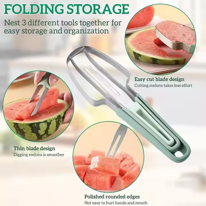 2024 Stainless Steel 3-in-1 Watermelon Windmill Cutter Summer Home Vegetables Hand Knife PP Fork Slicer Food Metal PC Material