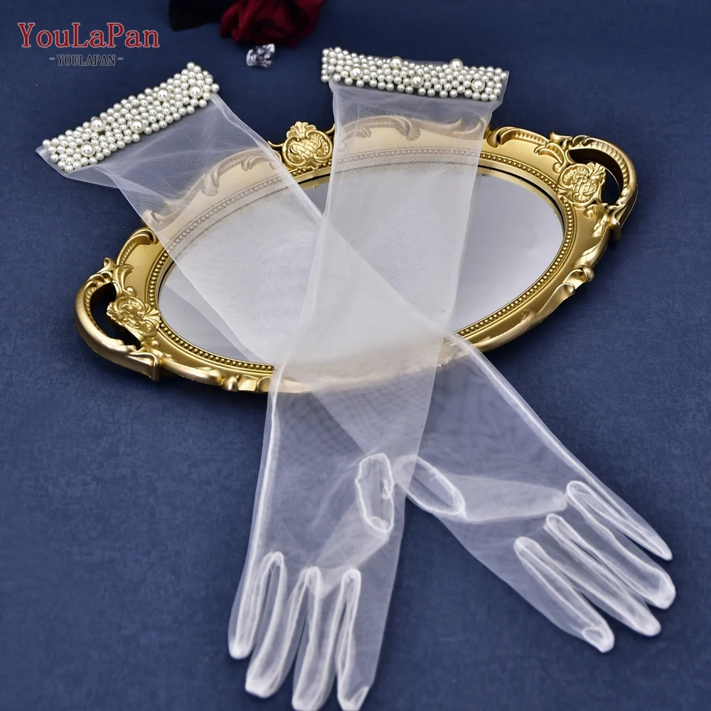 YouLaPan VM01-A Bachelor Party Accessories Clear Mesh Wedding Gloves Pearl Elbow Length Full Finger Bridal Gloves