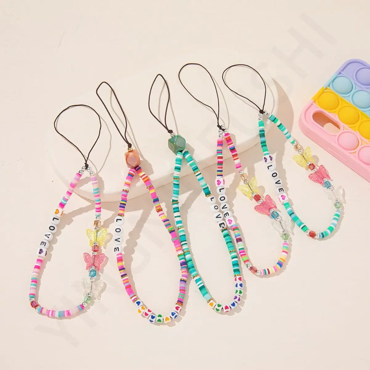 Fashion Handmade Beaded Colorful Fruity Clay Polymer Heishi Beads Cell Mobile Phone Straps Chain Accessories
