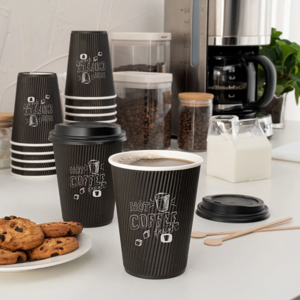 LOKYO Bio-degradable pla takeaway black 8oz 12oz 16oz ripple double wall paper cup disposable hot paper coffee cup with lids