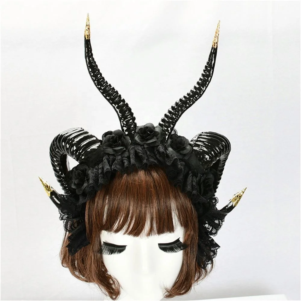 
Sheep Fantasy Metallic Ram Horns Skull Headdress Crown Devil Ram Demon Goat Floral Headband Cosplay Halloween For Fairy Wedding 