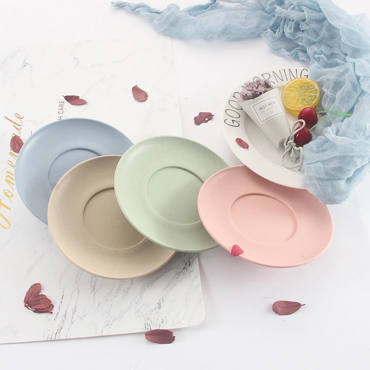 Household Lightweight Natural Wheat Straw Plastic Round Fruit Cake Dessert Dishes Plate