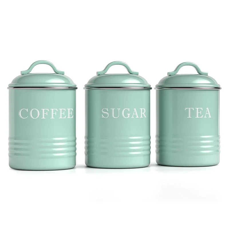 KSY Can Set of 3 Airtight Farmhouse Canister Sugar Coffee Tea Storage Jar Metal Kitchen Canister Set