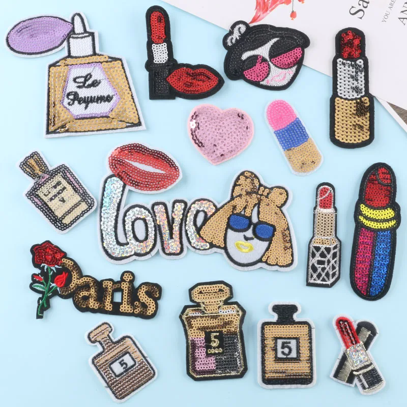 Custom Lipstick Perfume Felt Sequin Embroidered Patches For Shoes Hat Bags