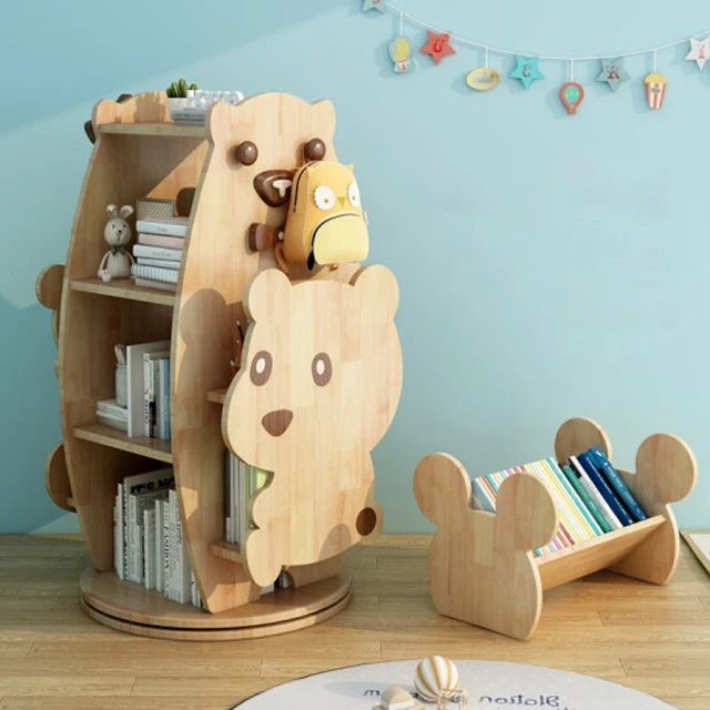 Деревянная вращающаяся книжная полка, напольный книжный шкаф 360 градусов для детского сада, полка для книг с рисунками, полка для хранения игрушек, Дубовая полка