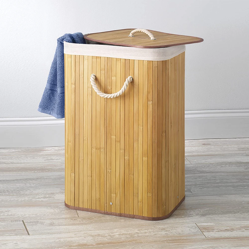 Custom Foldable Laundry Hamper Bamboo Storage Laundry Basket With Lid
