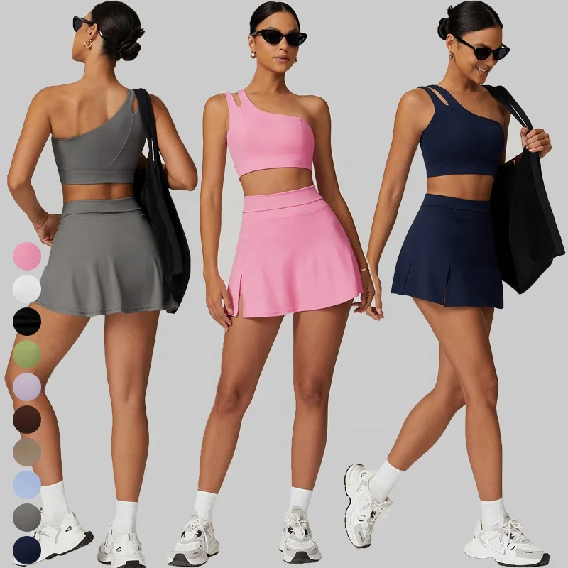 Women 2 Pieces Tennis Set Sexy Single Strap Design Padded Bra and Built-in Skort Gym Fitness Set Womens Fitness Apparel