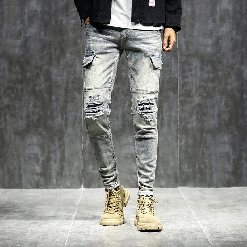 distressed jeans Micro elastic Multi Pocket splicing locomotive mens fashion branded zipper jeans
