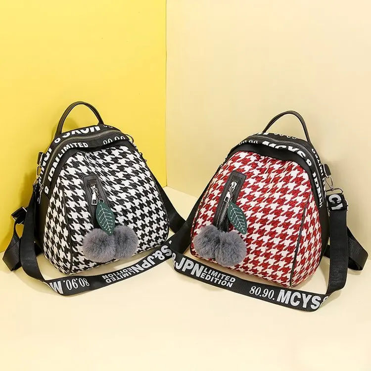 
Hot Sale Fashion Strap Houndstooth Teenager Cross Body Shoulder Bag Youth Students Schoolbag College Women Backpack With Pompom 