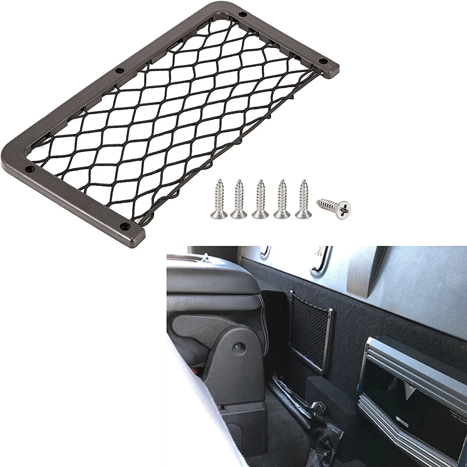 Car Storage Net Bag, ABS Plastic Frame pocket with Stretchable Mesh Net, Universal String Bag Car Seat Side Back Stick-on for Pu