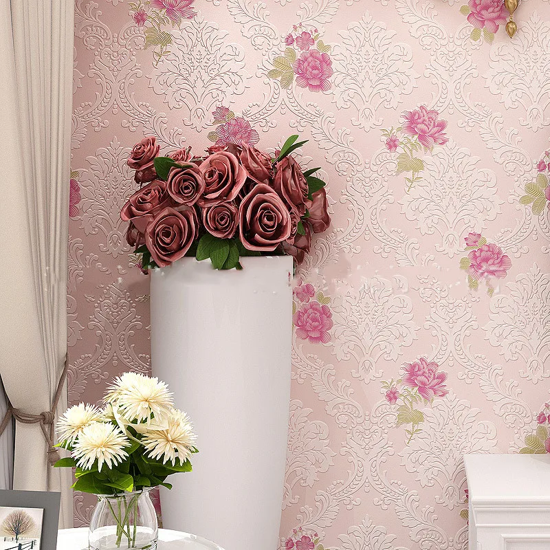 European Style Wallpaper American Simple Garden Rose Flower 3D Non-woven Wallpaper For Livingroom