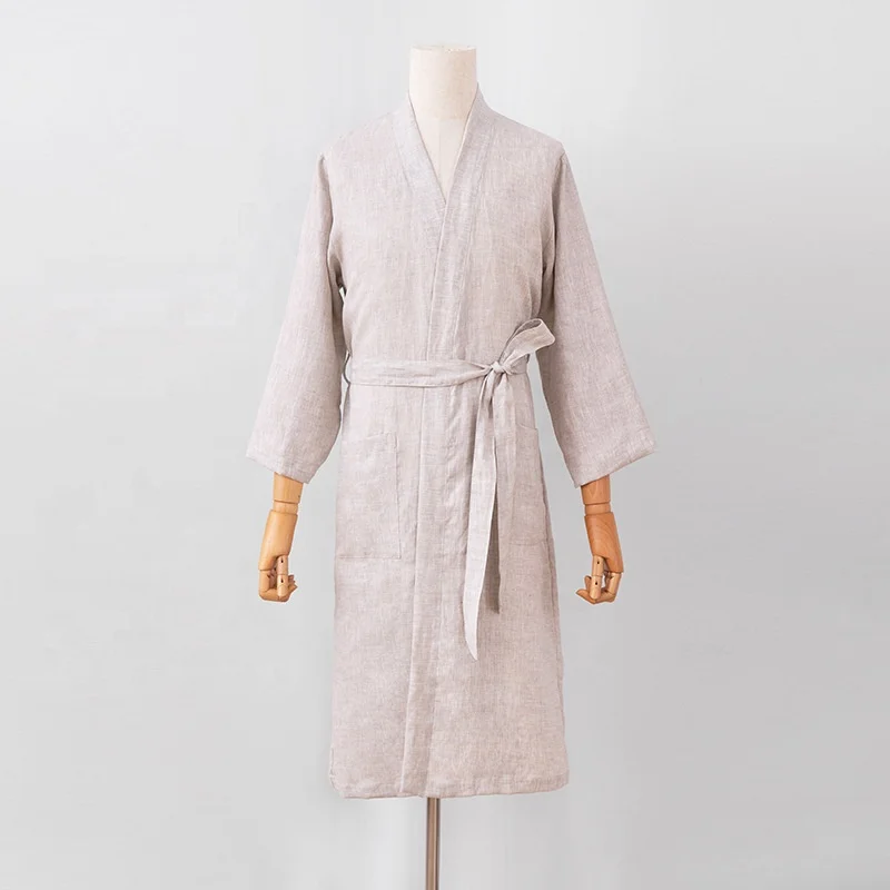 Custom logo Kimono Robe Cotton Linen Spa Sauna Bathrobe Sleepwear Loungewear Dressing Gown