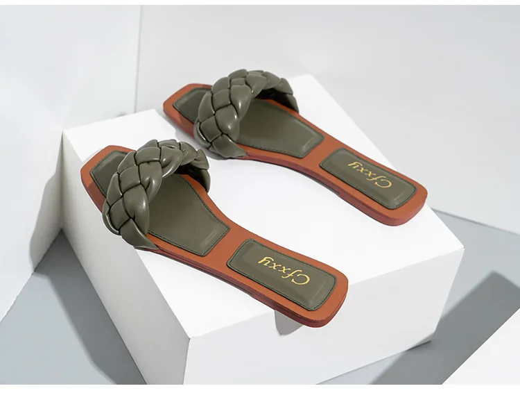 Trish Lucia Womens Square Open Toe Flat Sandals Slip On Mule Slides Braided Strap Slipper