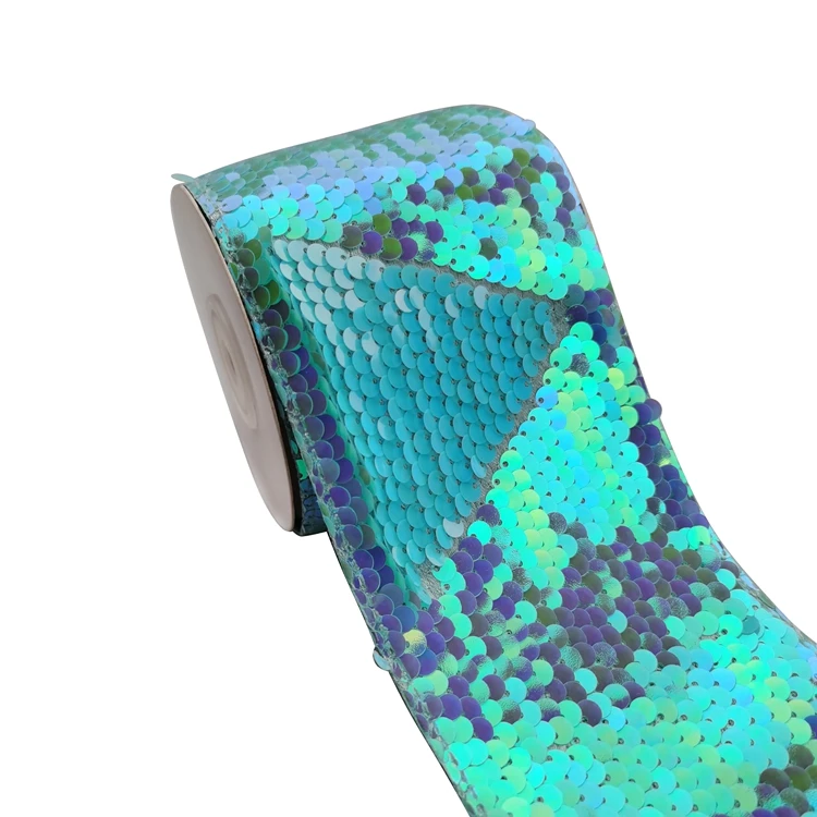 
75mm Hair Accessories Blue Color Sequin Reversible Ribbon For Decoration 