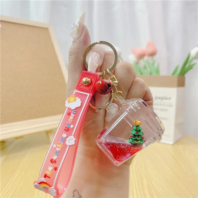 Creative Xmas Gift Quicksand Drift Bottle Car Keyring Cartoon Liquid Sock Snowman Santa Claus Christmas Tree Keychain