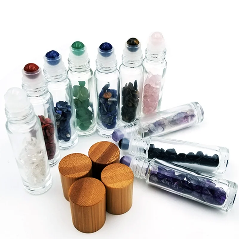 Hot sale 10ml clear transparent glass essential oils perfume gemstones roller ball bottles with bamboo lid