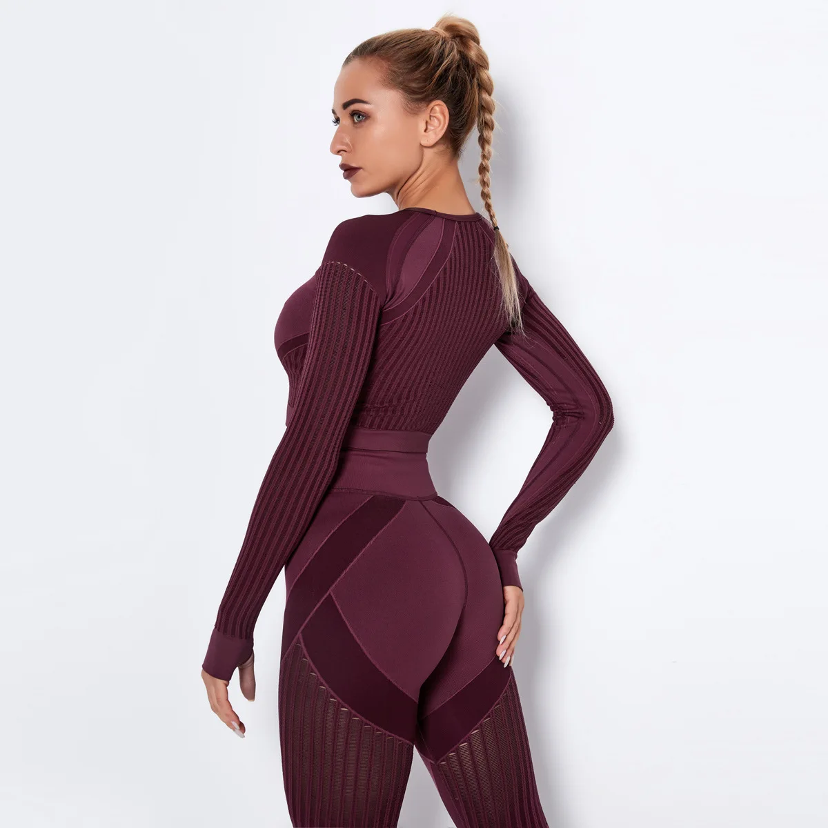 Two Piece  Women High Waist Tight Sport Wear Yoga Set Suit Activewear Yoga Set long Sleeve Crop Tops  with thumb hole