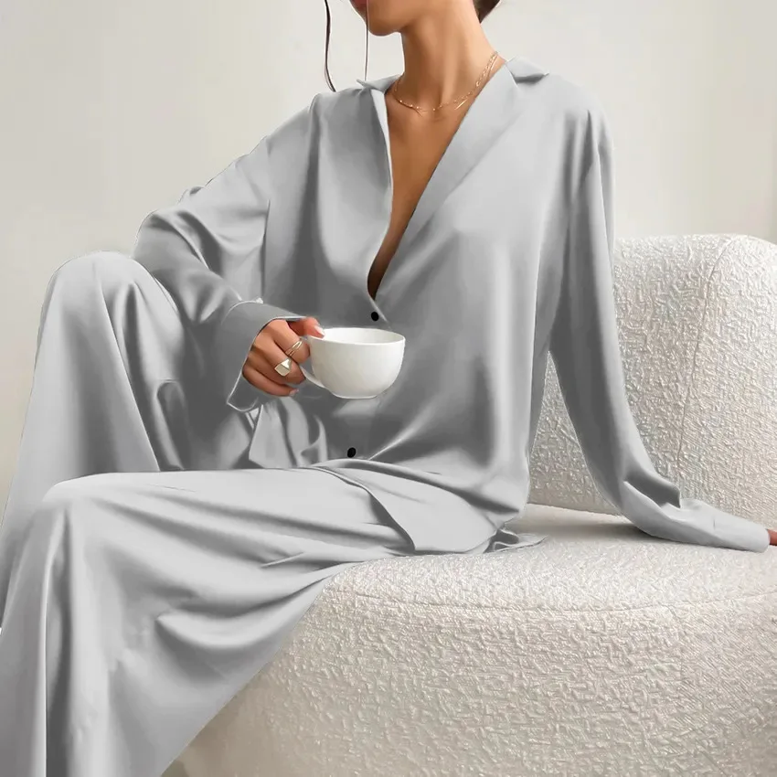ODM And OEM Designer Women Luxury Satin Silk Sleepwear Girl Long Pyjamas Custom Lady Loungewear Women Satin 2 Pieces Pajama Set