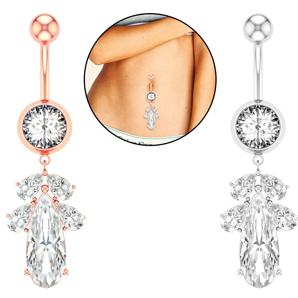 Sexy Clear Zircon Leaf Dangling Navel Belly Button Rings Belly Piercing Crystal Surgical Steel Woman Body Jewelry