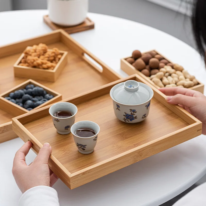 Bamboo Fruit Tray 7 piece set Kitchen Tea Serving Trays with Handle Home Multi-functional Dessert Breakfast Platter