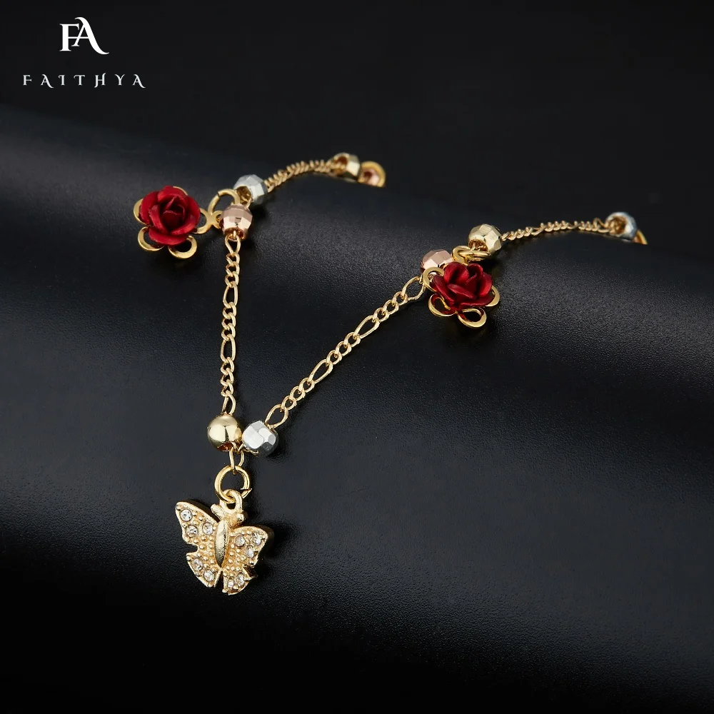 FB0071 Oro ламинированный 14K позолоченные циркониевые четки бусины красная роза Дева Мария бабочка Регулируемая плетение Браслеты для женщин