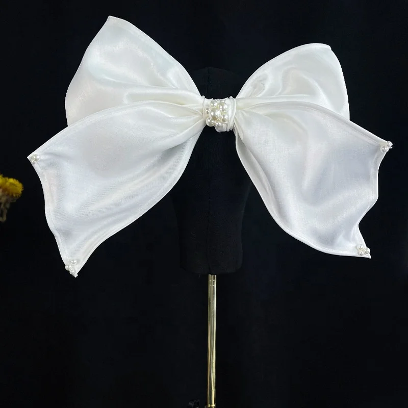 Handmade Women Wedding Solid Color Clip Bow Pearl Bridal Big White Stain Hair Bow