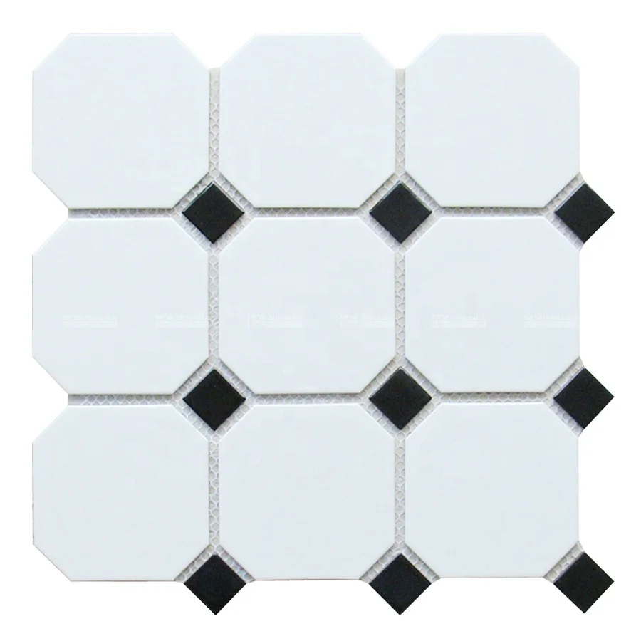 In stock 4' white mix black dot ceramic octagon mosaic floor tile for bathroom office design