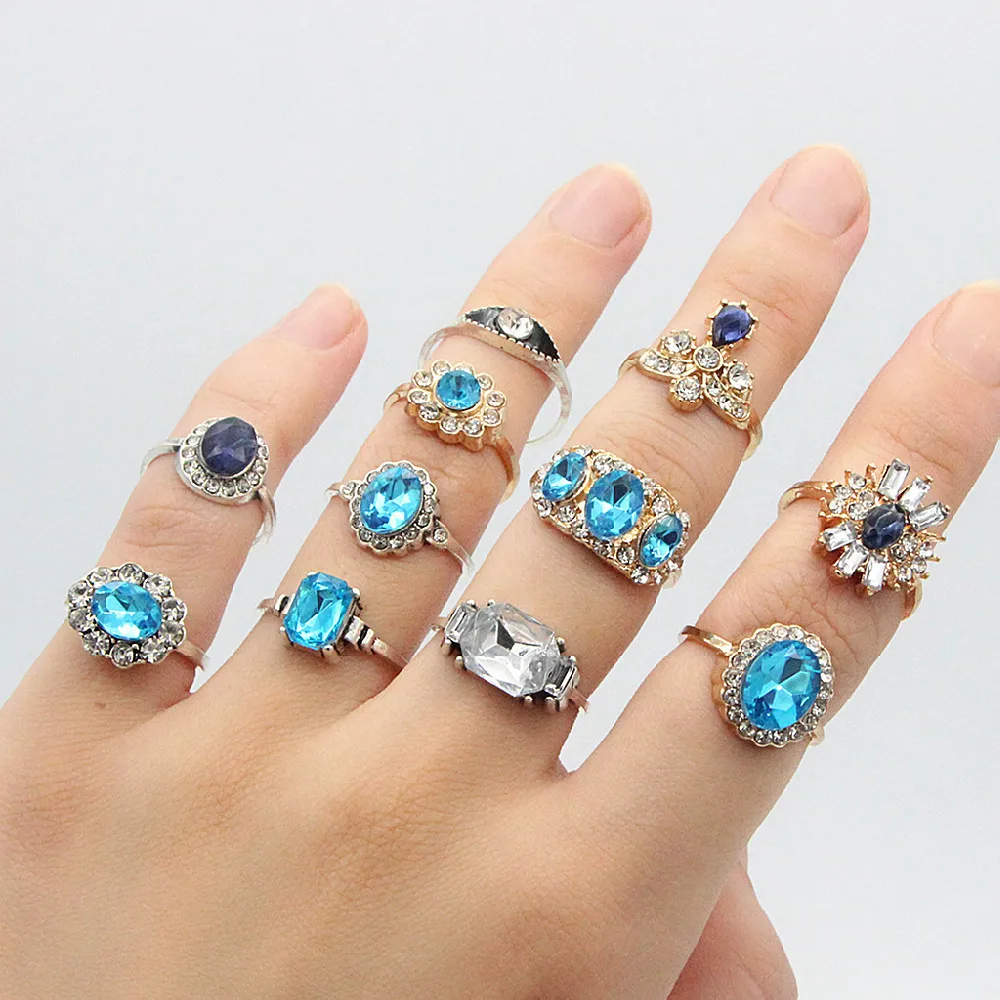 Aug jewelry wholesale 11-piece set ring gold and silver two-color exaggerated diamond sapphire zircon retro joint ring