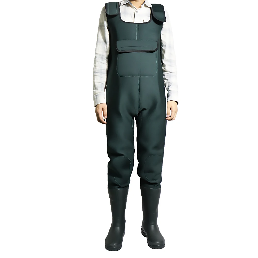 Neoprene dark green costom fly fishing wader chest durable hunting suit rubber boots 100% waterproof windproof large pocket
