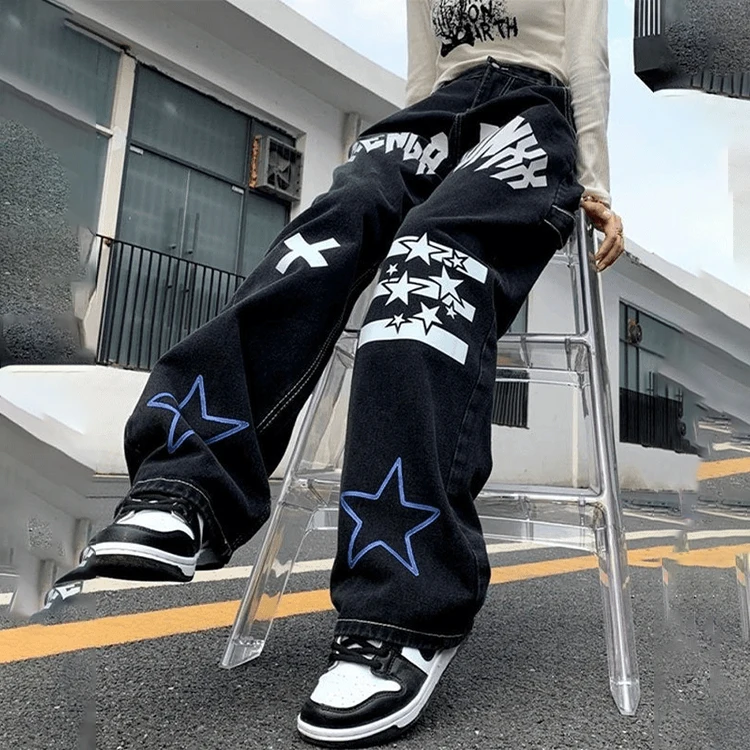 Custom Logo Print High Waist Jeans Vintage Streetwear Hip Hop Black Baggy Jeans Women Fashion Straight Wide Leg Jeans