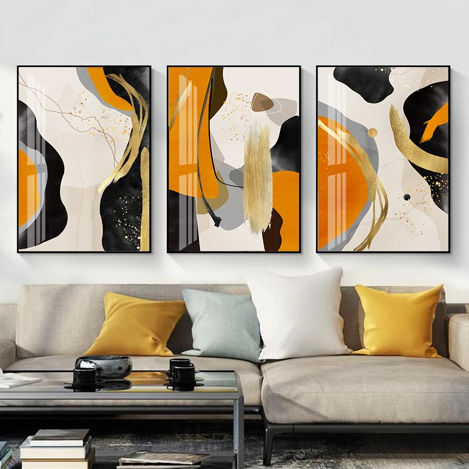 Abstract Gold Brush Effect Marble Orange Geometry Canvas Painting Living Room Wall art Print Poster