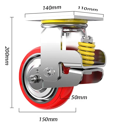6 Inch Shock Absorbing Caster Wheel 150MM Red PU Wheels