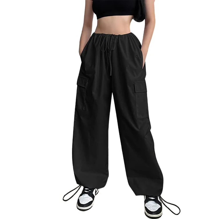 Streetwear fashion ladies woman wide leg pant trousers custom logo drawstring waist cargo pants for women