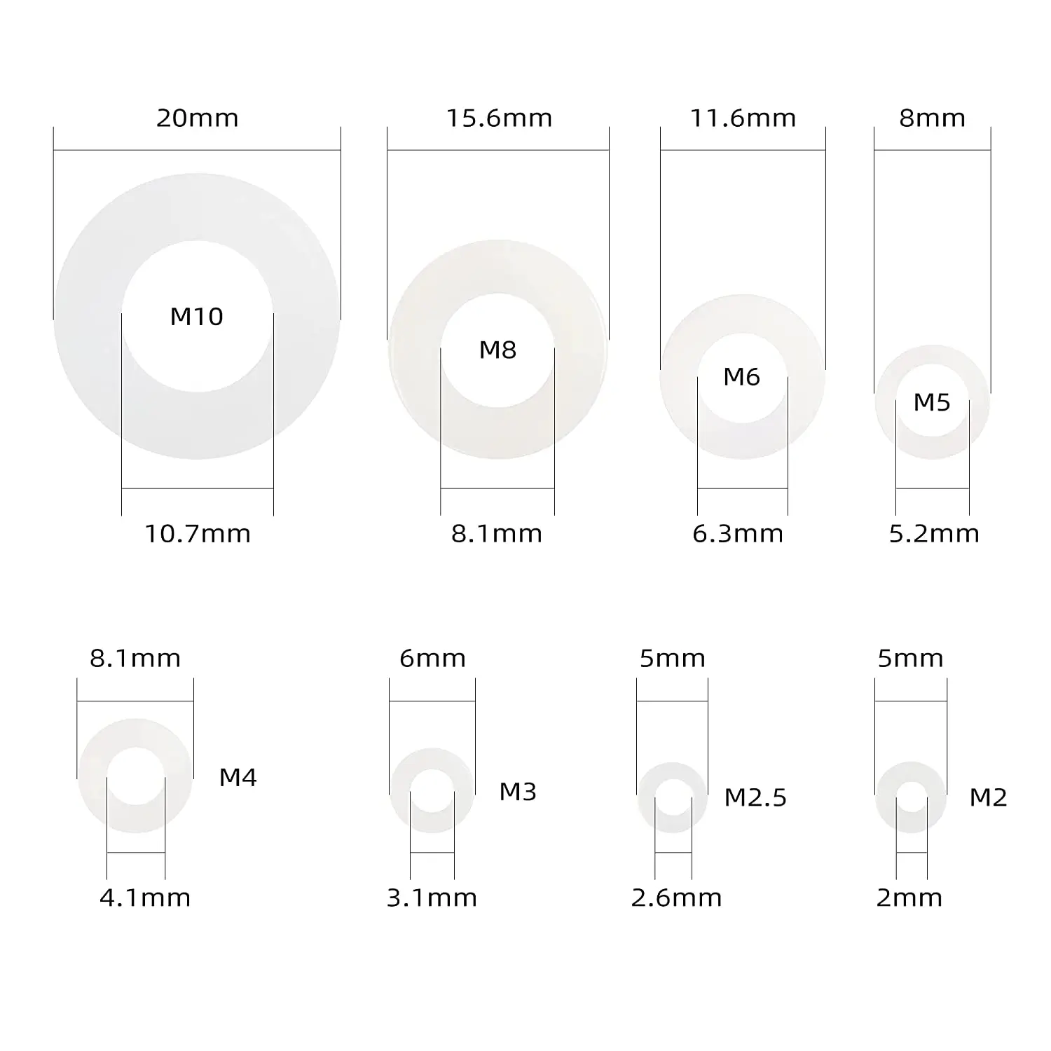 M2 M2.5 M3 M4 M5 M6 M8 M10 White Nylon Flat Washer Plastic Wahsers