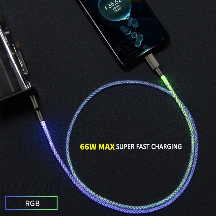 2022 new release RGB LED USB cable Type-C  Charger Cable 66W Mobile Phone Charger 6A Fast Charging Cable for iPhone 13