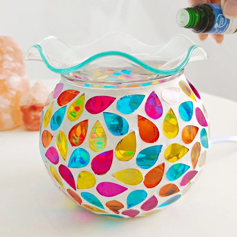 Turkish Style Floral Design Mosaic Process Oil Incense Burners for Bedroom Office Atmosphere Round Glass Essential Oil Burner