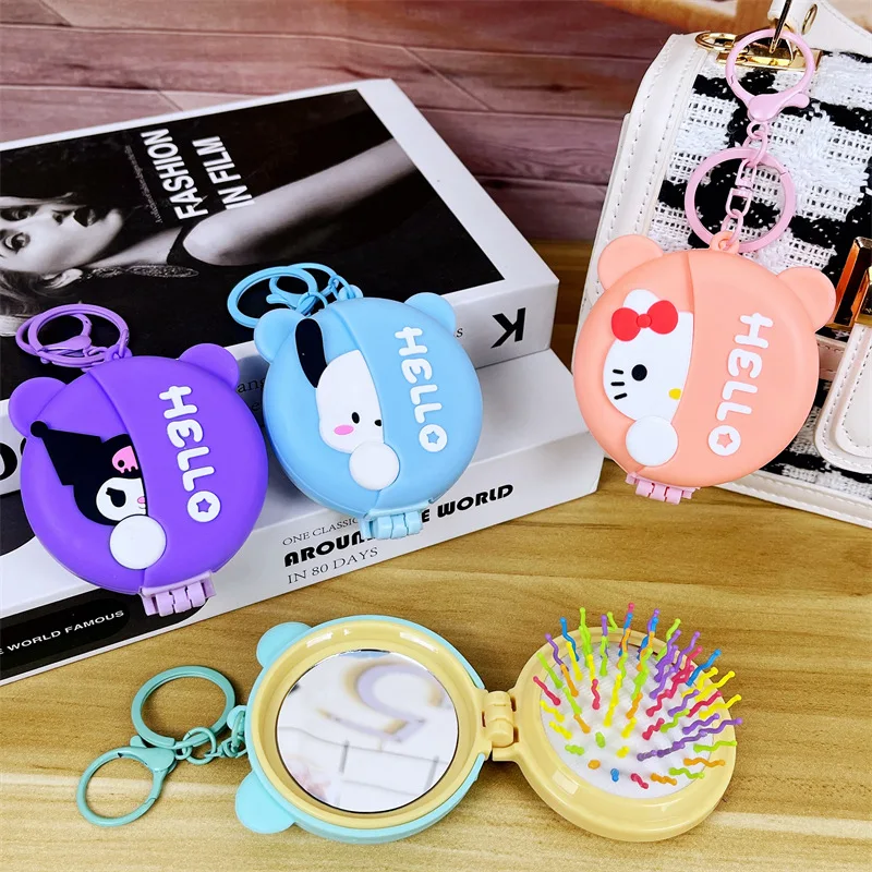 Wholesale Sanrioed Custom logo Panda Bear Round Mini Compact Massage Comb with keychain for Girls and Women multifunction