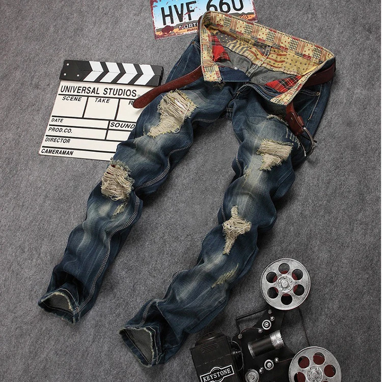 High Quality Vintage Ripped Skinny Jean Straight Denim Distressed Jeans for Men
