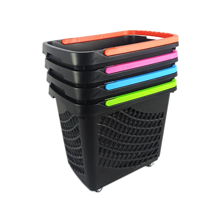 Manufacturer Eco-friendly 65L supermarket plastic folding shopping basket with 4 wheels