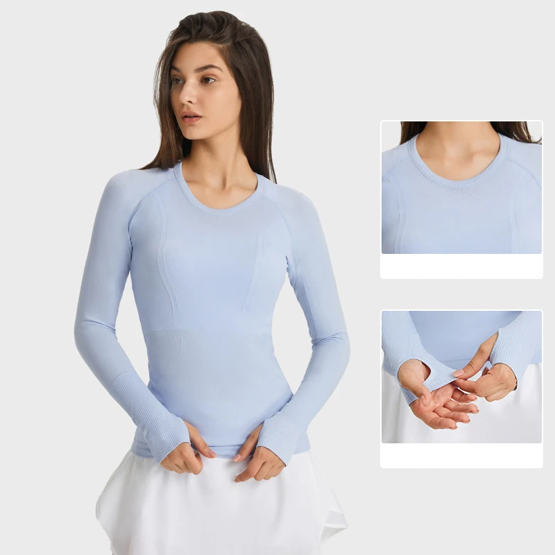 D19083 Women  Autumn Seamless Long Sleeve Running Shirt O-neck Sports T-shirt Workout Yoga Tops Wholesale