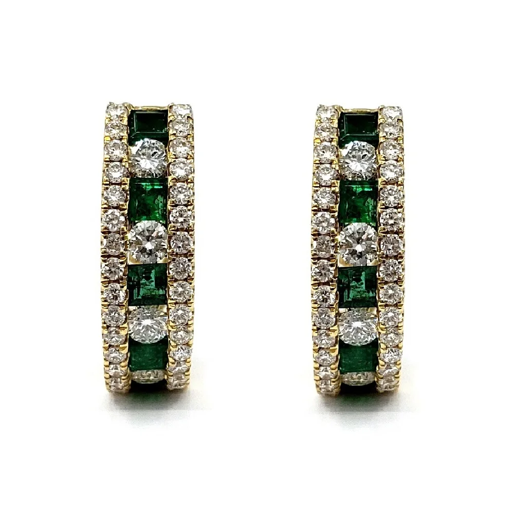 Hong Kong Jewelry Wholesale Shinning Quick Deliver 18 Karat Yellow Real Diamond And Square Green Emerald Earring Hoops For Women