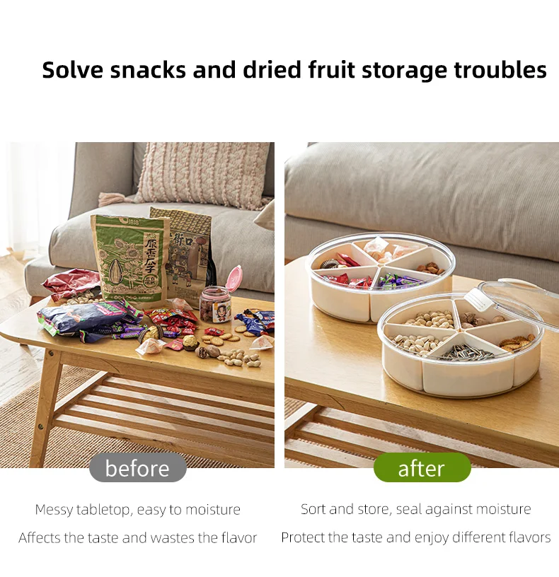 SHIMOYAMA 5 Compartment Round Snack Food Storage Lunch Organizer Round Plastic Divided Serving Tray with Lids Snack fruit tray