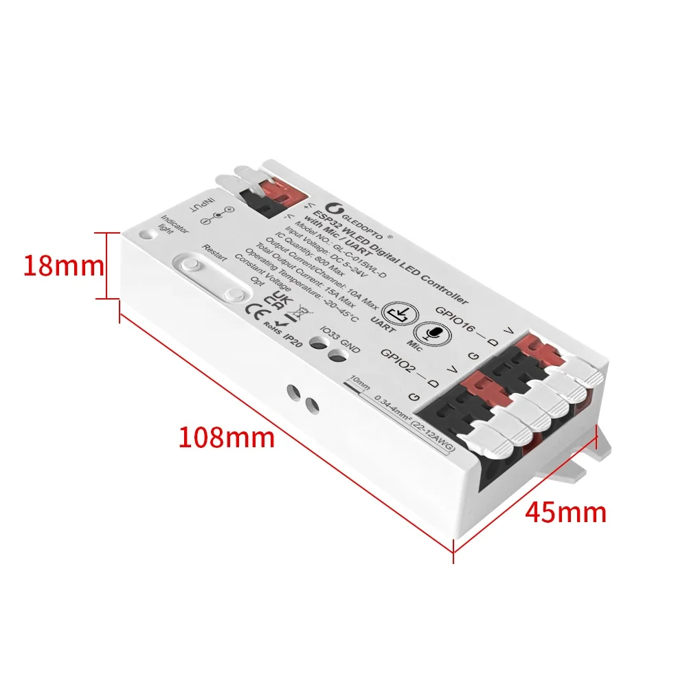 Gledopto GL-C-015WL-M/D умный Wi-Fi адресуемый контроллер светодиодных лент ESP32 модуль LAN Сетевой пульт дистанционного управления WLED