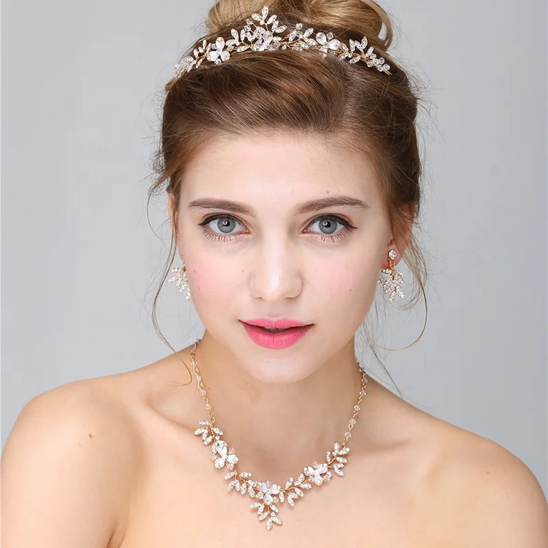 2019 Wholesale Wedding Hair Accessories Crown Handmade Crystal Diamond Necklace Earring Jewelry Set for