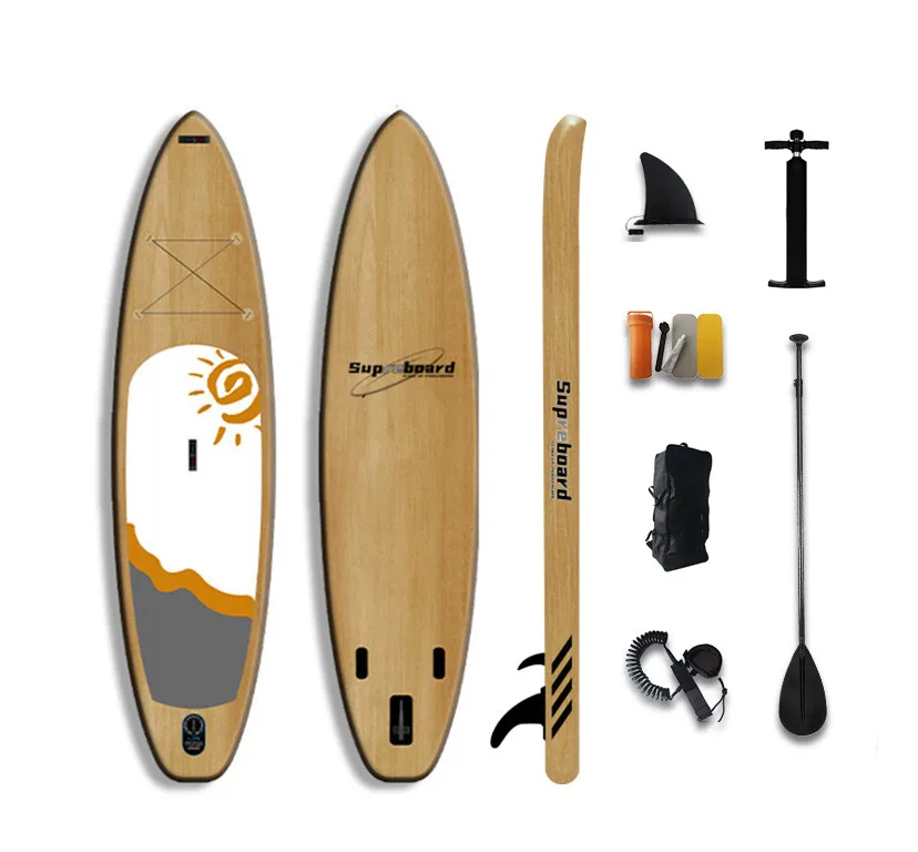 Надувная доска для SUP-серфинга, прочная доска для SUP-серфинга, с отделкой под дерево, с отстрочкой по ткани, 11 футов