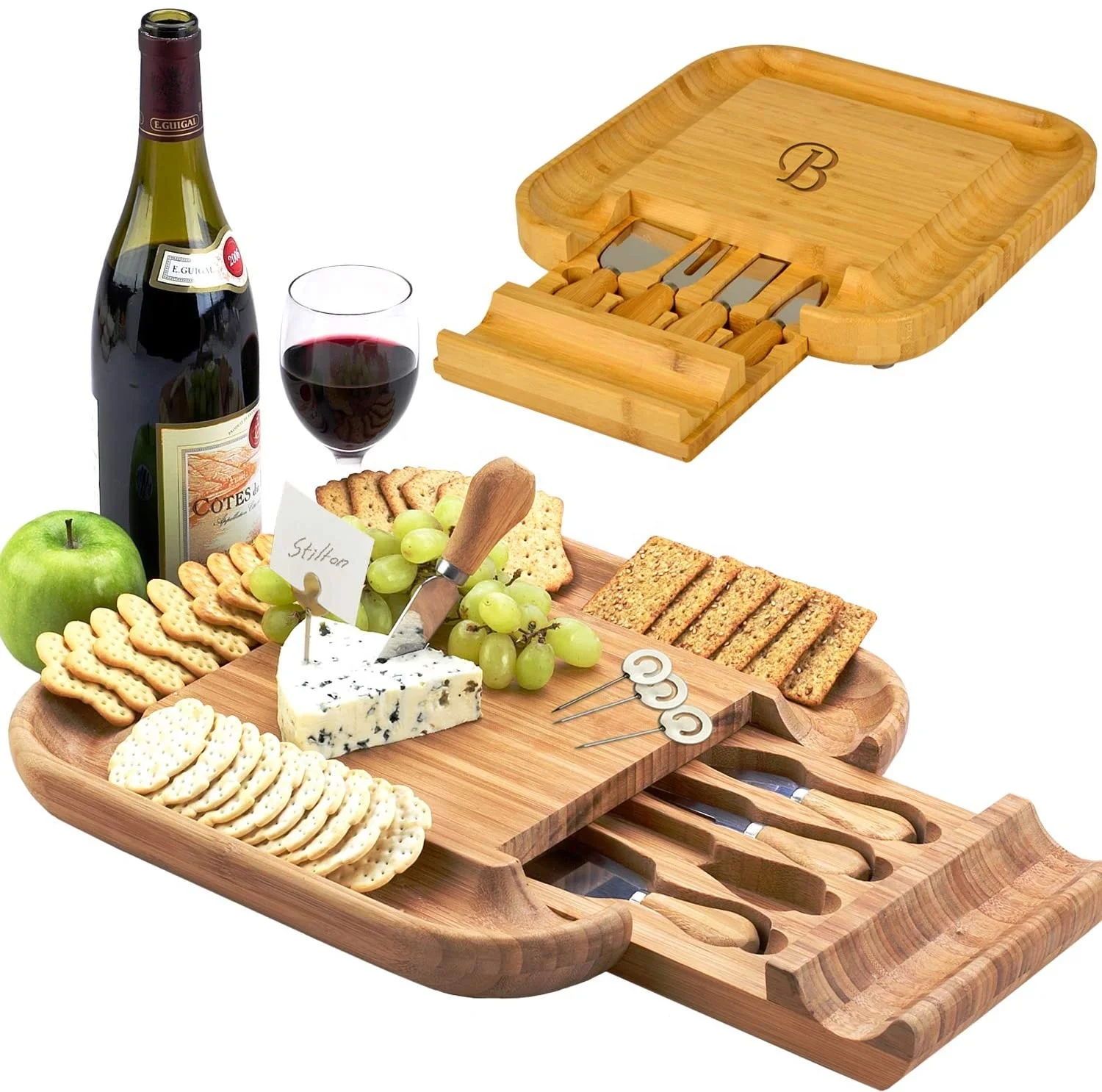 Personalized Monogrammed Engraved Bamboo Cutting Board for Cheese & Charcuterie with Knife Set & Cheese Markers