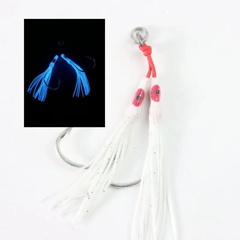 Blue luminous  High Steel Fiber Rope Flasher Shore Jigging Assist Hooks Double Assist Jig Fishing Hooks Jig Lure Hook With Uv