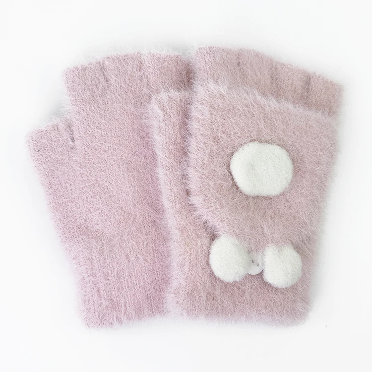 Convertible Flap Cover Kids Knitted Warm Faux Mink Fur Fingerless Gloves